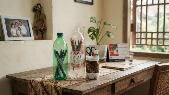 Kerajinan barang bekas jadi wadah serbaguna model botol plastik bekas jadi wadah alat tulis