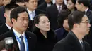 Ekspresi adik perempuan Kim Jong-un, Kim Yo-jong saat tiba di Bandara Internasional Incheon, Korea Selatan, Jumat (9/2). Kim Yo-jong menjadi anggota pertama keluarganya yang mengunjungi Korea Selatan sejak Perang Korea 1950-1953 (AP Photo/Ahn Young-joon)