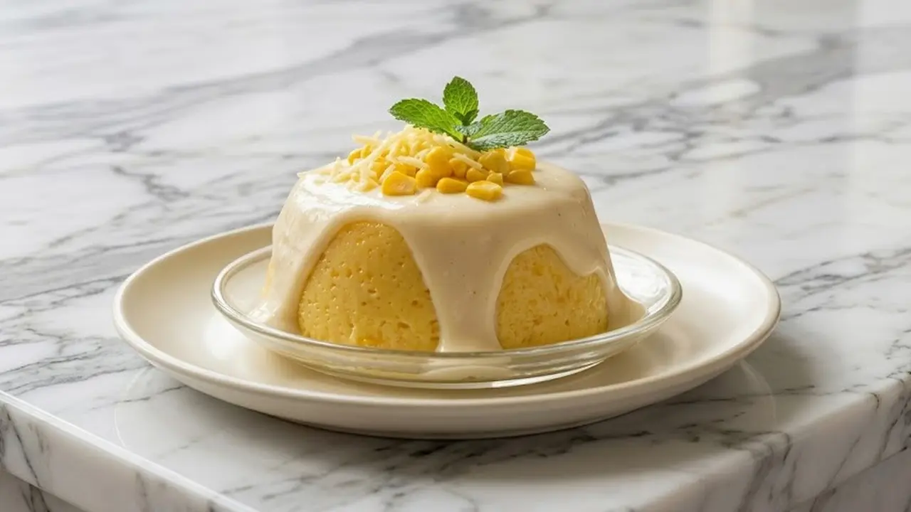 Ilustrasi Puding Jagung Manis dengan Saus Vla Vanila