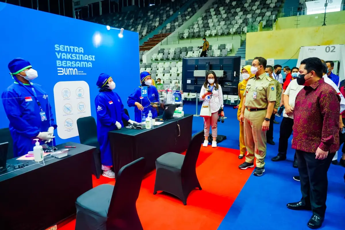 Kementerian BUMN, Kementerian Kesehatan, Pemda DKI, dan Indonesia Healthcare Corporation melakukan kolaborasi untuk meluncurkan Sentra Vaksinasi Covid-19 di Istora Senayan