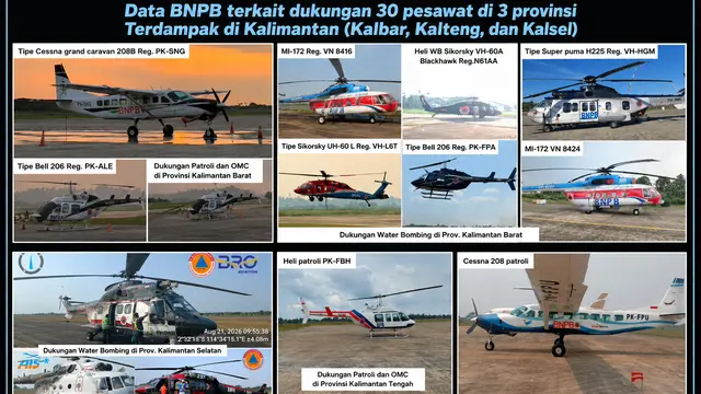 Sejumlah gambar pesawat dan helikopter yang dikerahkan untuk menangani kebakaran hutan Kalimantan. (Istimewa)