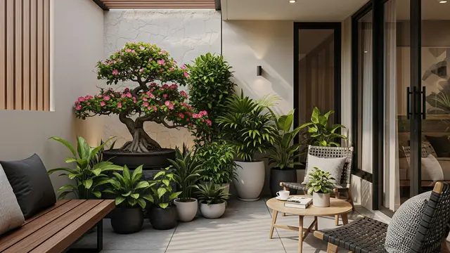 Model Teras Rumah Mini dengan Pohon Kecil Berbunga