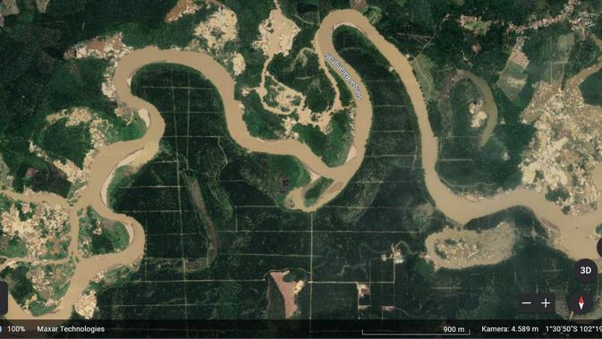 <p>Kondisi kerusakan akibat tambang emas ilegas di sungai Batanghari di bagian hulu Provinsi Jambi terlihat melalui tangkapan layar Google Earth. (Liputan6.com/Google Earth)</p>