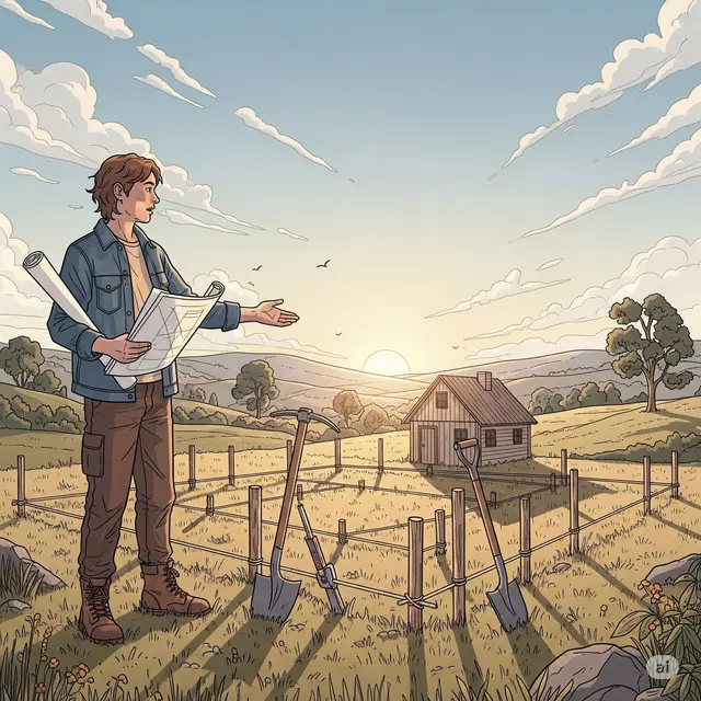 Ilustrasi seseorang yang sedang meninjau tanah sebelum dibangun rumah.