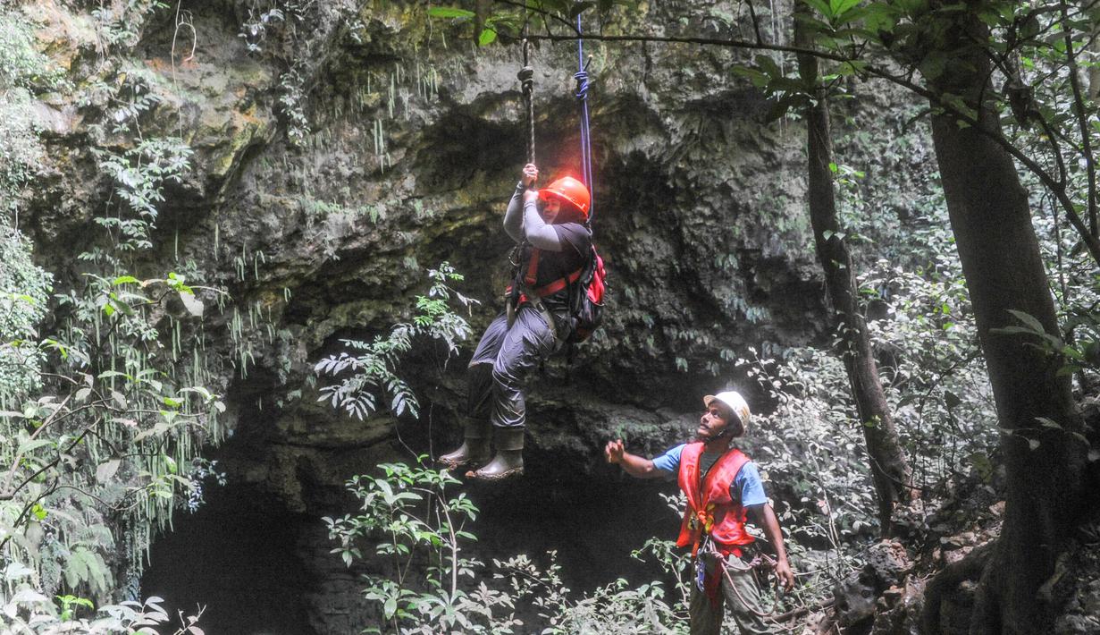 Gua Jomblang buka setiap hari pukul 09.00–14.00 WIB, namun wisatawan disarankan datang lebih pagi untuk registrasi dan antrean penurunan. Tiket masuk atau paket wisata dibanderol sekitar Rp 550.000 per orang, termasuk perlengkapan caving, pemandu, asuransi, dan makan siang. Tampak dalam foto, wisatawan didampingi pemandu goa saat turun untuk masuk ke dalam Goa Jomblang  di Gunung Kidul, Yogyakarta. (merdeka.com/Arie Basuki)