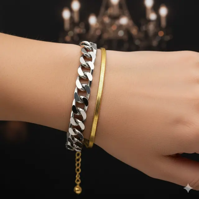 Gelang Emas Model Cuban Link Kombinasi Perak