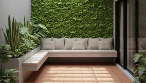 Teras rumah dengan Taman Dinding Rambat merupakan salah satu model teras rumah sempit tanpa halaman tetap asri dan hijau (Gemini AI)