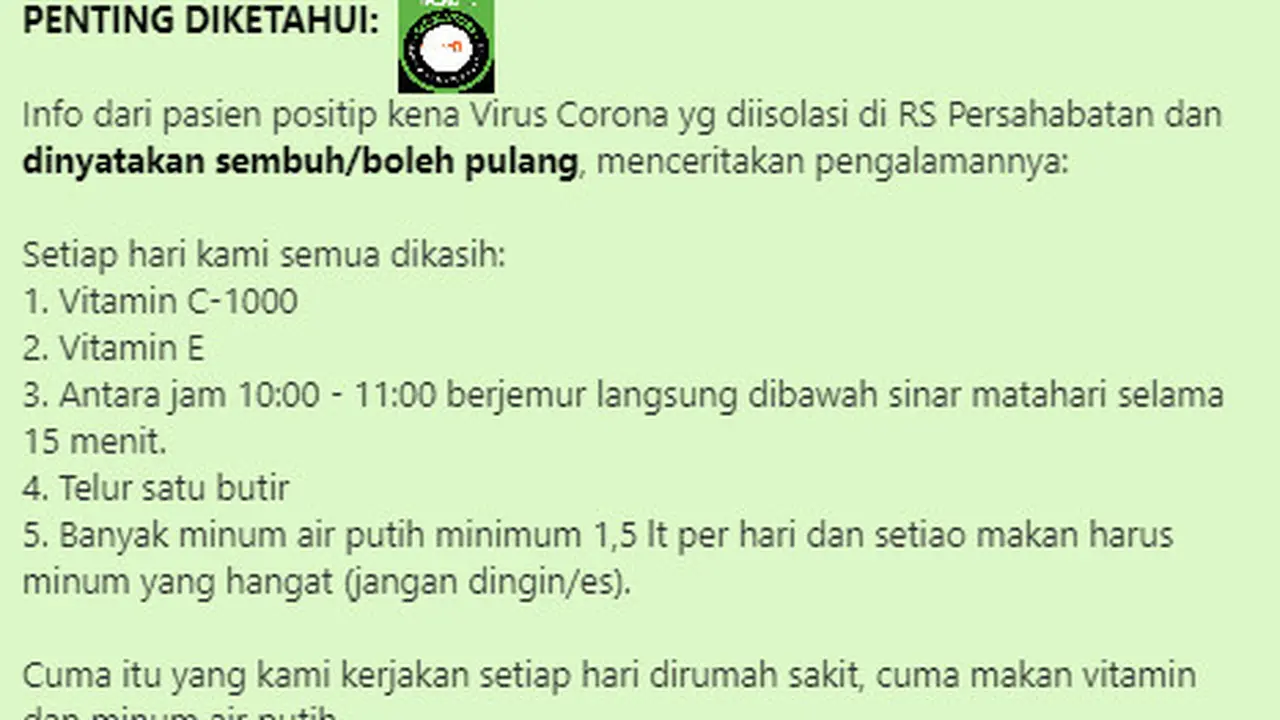 Tangkap layar Pasien COVID-19 RS Persahabatan Sembuh Karena Berjemur