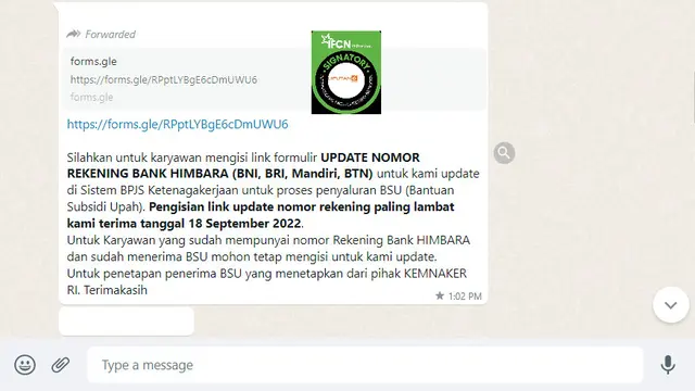 Tangkapan layar informasi pendaftaran pembaruan nomor rekening bank penerima BSU