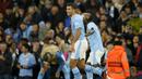 Selebrasi gelandang Manchester City, Rodri setelah mencetak gol ketiga timnya ke gawang Red Star Belgrade pada laga matchday pertama Grup G Liga Champions 2023/2024 di Etihad Stadium, Manchester, Rabu (20/9/2023) dini hari WIB. (AP Photo/Dave Thompson)