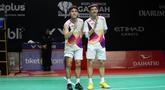 Ganda putra Indonesia Raymond Indra/Nikolaus Joaquin sukses memenangi duel sesama wakil Indonesia Sabar Karyaman Gutama/Moh Reza Pahlevi Isfahani pada laga semifinal Indonesia Masters 2026 di Istora Senayan, Jakarta, Sabtu (24/01/2025). Pasangan muda itu menang dua gim langsung dengan skor 21-19, 21-14. (Bola.com/M Iqbal Ichsan)