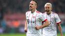 Eskpresi  Franck Ribery (kiri) usai membobol gawang Laverkusen  pada lanjutan Budesliga di Bay Arena, Laverkusen, (12/1/2018). Bayern Munchen menang 3-1. (AFP PHOTO / dpa / Marius Becker / NO Getty Images (GETTY-VD) - Germany OUT)