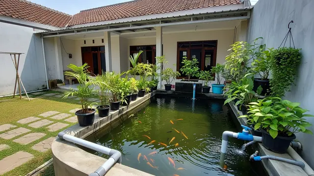 10 Desain Kolam Ikan Air Tawar yang Mudah Dikuras, Praktis untuk Rumah Subsidi