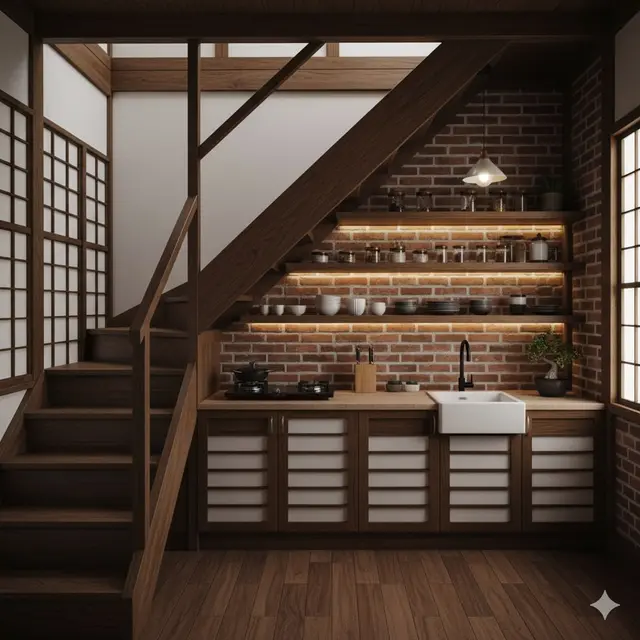 Dapur Rustic Jepang dengan Rak Kayu Terbuka Simetris