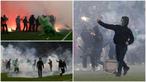 Suporter Saint-Etienne tak mampu membendung amarah usai tim kesayangannya dipastikan terdegradasi dari kasta tertinggi Liga Prancis. Para suporter yang murka tersebut terlihat mengamuk dan menyerang para pemain di lapangan. (Kolase Foto AFP)