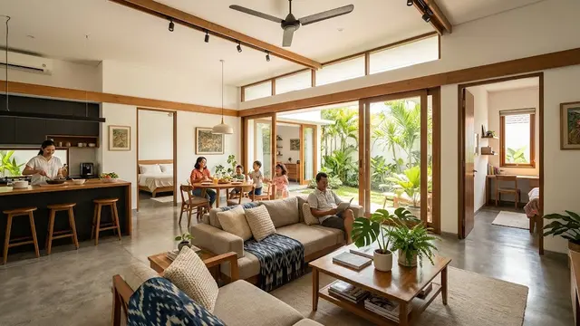 Desain Rumah 3 Kamar dengan Ruang Keluarga Tanpa Dinding Pembatas