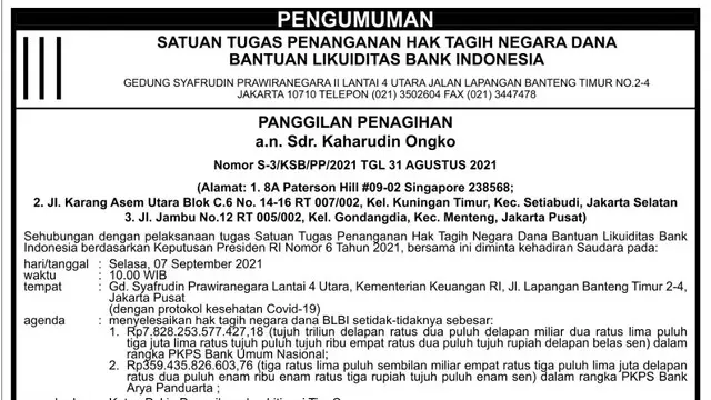Surat pemanggilan salah satu obligator BLBI yaitu Kaharudin Ongko