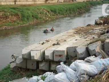 Tiang pancang menghiasi bantaran Sungai Ciliwung di kawasan Rawajati, Jakarta, Rabu (30/10/2019). Tiang-tiang pancang itu merupakan sisa proyek normalisasi Sungai Ciliwung dan telah berada di bantaran tersebut selama beberapa tahun terakhir. (Liputan6.com/Immanuel Antonius)