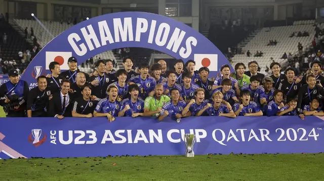 Timnas Jepang U-23 berhasil meraih titel juara Piala Asia U-23 2024&nbsp;setelah mengalahkan Uzbekistan pada partai final dengan skor 1-0 di&nbsp;Jassim bin Hamad Stadium, Al Rayyan, Jumat (3/5/2024) malam WIB. (AFP/Karim Jaafar)
