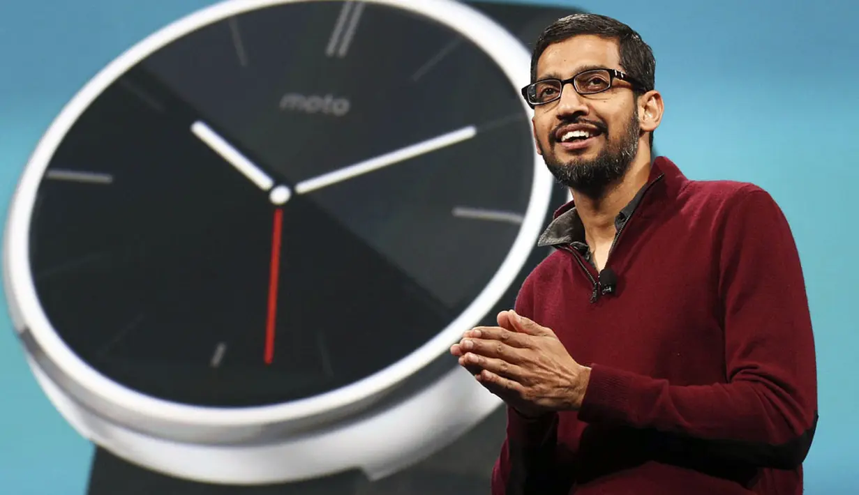 Wakil Presiden Senior Google Android, Chrome dan Apps, Sundar Pichai, tampil sebagai pembicara pada konferensi pengembang aplikasi Google I/O 2014 di San Francisco, (25/6/2014). (REUTERS/Elia Nouvelage) 