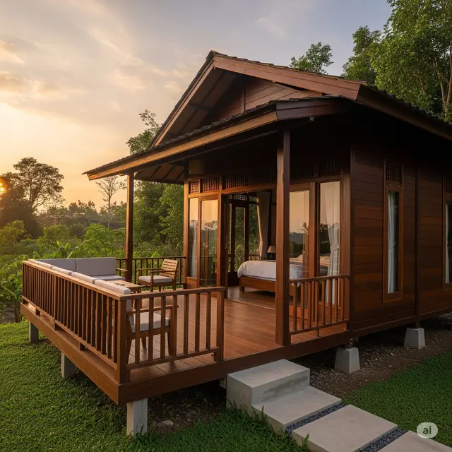Model Rumah Sederhana Masa Tua yang Nyaman Pondok Kayu Bergaya Rustic. Foto: Gemini