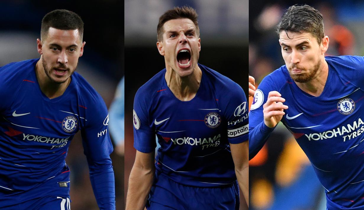 Chelsea tengah merasakan nuansa bagus dibawah arahan Maurizio Sarri. Raihan 33 gol jadi bukti betapa ganasnya Chelsea musim ini. Alhasil Chelsea digadang gadang salah satu kandidat yang pantas menjuarai gelar Premier League 2018/19. (AFP/Kolase Foto AFP)