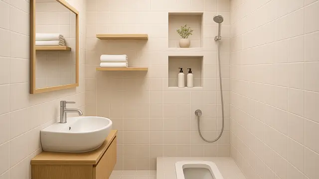 Desain Kamar Mandi 1,5 x 1,5 Meter Kloset Jongkok Gaya Jepang Minimalis/Ilustrasi AI