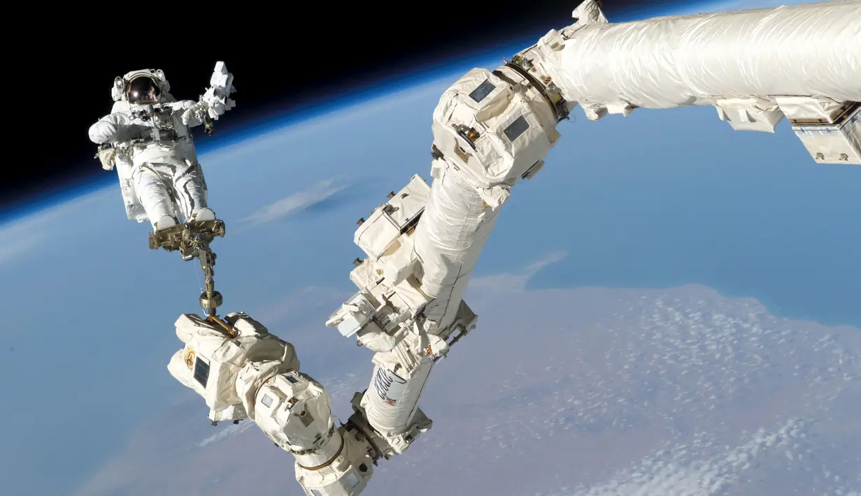 Astronot NASA Stephen K. Robinson, dalam misi STS - 11 di Stasiun Luar Angkasa Internasional Canadarm2, (3/8/2005). Stasiun Luar Angkasa Internasional merayakan hari jadinya ke-15 pada 2 November sejak dihuni oleh manusia. (REUTERS/NASA)
