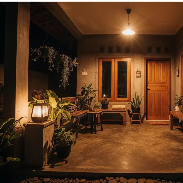 Model Teras Rumah dengan Lantai Semen Polos yang Estetik. (Foto: AI)