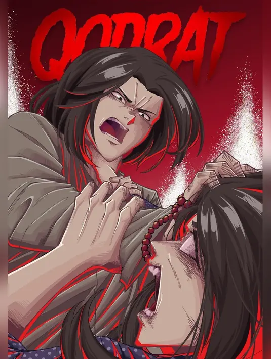 Poster fan-art Qodrat yang ini kental dengan sentuhan anime. Menampilkan ustaz Qodrat mengusir setan dengan lantunan ayat suci Al-Qur’an dan tasbih melilit di tangannya. Terkait ide awal Qodrat, Charles Gozali menyatakan, “Di Indonesia horor adalah blockbuster bahkan sudah menjelma pop-culture. Kami kemudian masuk ke proses pembuatan film horor, ide kami cari, naskah didiskusikan.” (Foto: Dok. Instagram @vinogbastian__)