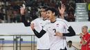 Selebrasi Boy Arnez ketika Timnas Voli Putra Indonesia melawan Vietnam di laga lanjutan leg 2 SEA V League 2025 di Jakarta International Velodrome, Jakarta, Indonesia, Kamis (17/07/2025) malam WIB.