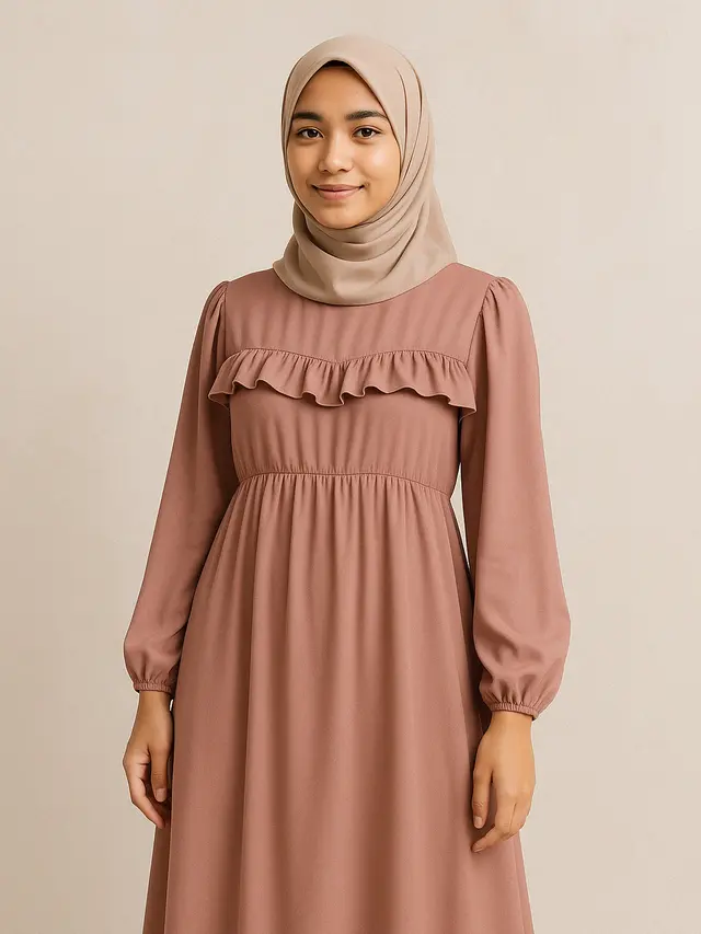 Gamis Empire Waist dengan Ruffle di Dada (Foto: Rizka Nur Laily via ChatGPT)