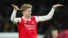 Pemain Arsenal melakukan selebrasi usai mencetak gol ke gawang Bodo/Glimt pada pertandingan sepak bola Grup A Liga Europa di London, Inggris, 6 Oktober 2022. Arsenal berhasil menaklukkan Bodo/Glimt 3-0. (AP Photo/Kin Cheung)