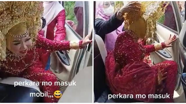 Suntiang Terlalu Tinggi, Pengantin Wanita Ini Kesulitan Masuk ke Dalam Mobil