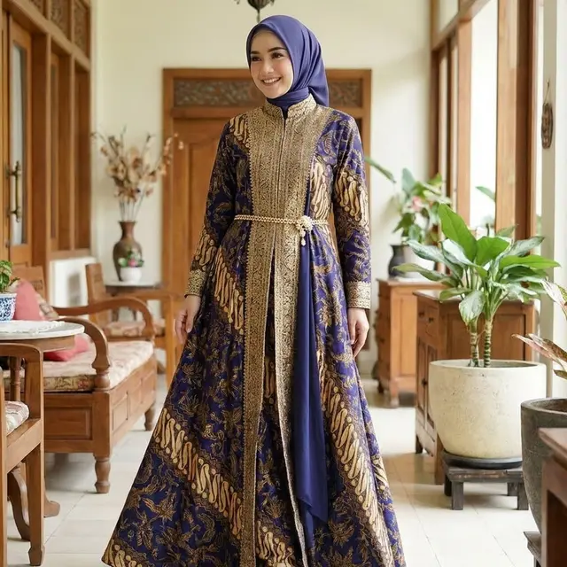 Gamis Batik dengan Aksen Brokat pada Kerah atau Pinggang