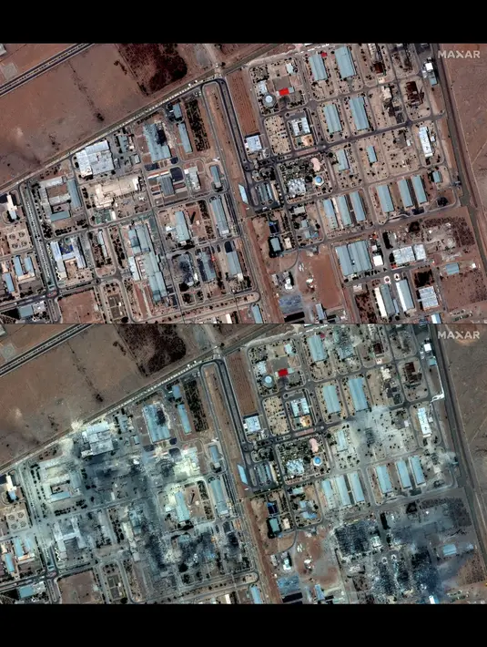 Kombinasi gambar yang dibuat pada tanggal 22 Juni 2025 menggunakan citra satelit yang dirilis oleh Maxar Technologies menunjukkan fasilitas pengayaan nuklir Isfahan milik Iran pada tanggal 16 Juni 2025 (atas), dan fasilitas pengayaan nuklir Isfahan milik Iran di Iran bagian tengah setelah serangan AS pada tanggal 22 Juni 2025. (Citra satelit ©2025 Maxar Technologies/AFP)