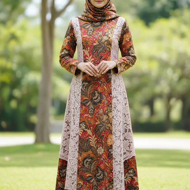 9 Gamis Batik Kombinasi Brokat Lengan Panjang Elegan, Tren Busana Muslimah 2025