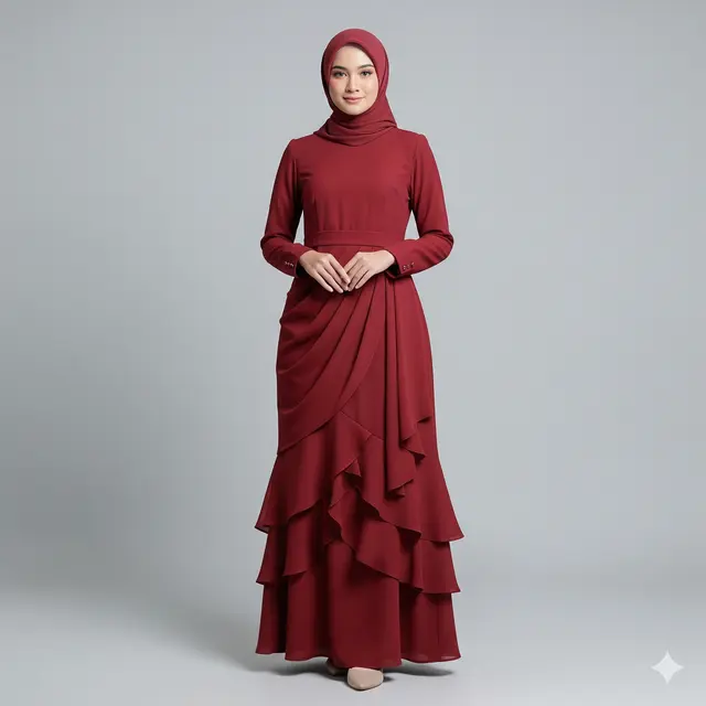 Model Gamis Bahan Maxmara dengan Potongan Drapery Mewah. Gemini