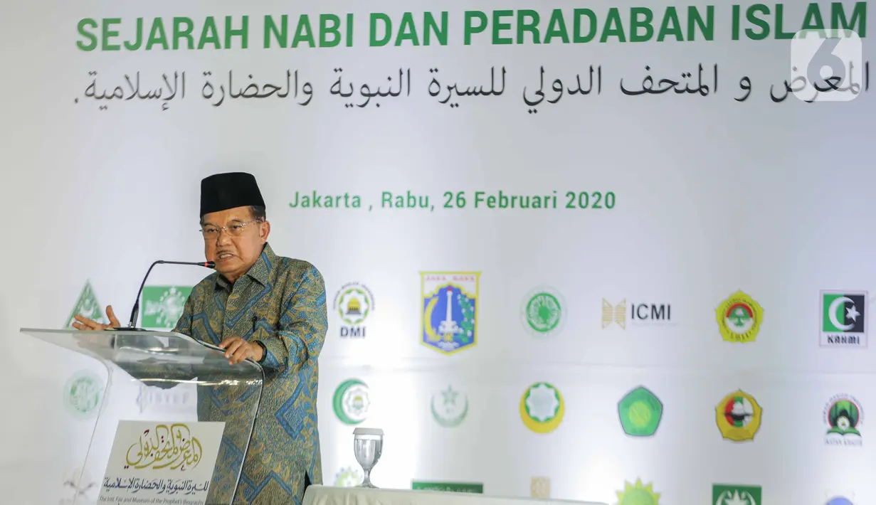 Ketua Umum DMI Jusuf Kalla menyampaikan sambutan dalam peresmian groundbreaking Museum Internasional Sejarah Nabi dan Peradaban Islam di kawasan Ancol, Jakarta, Rabu (26/2/2020). Indonesia terpilih untuk dibangun Museum Internasional Sejarah Nabi dan Peradaban Islam. (Liputan6.com/Faizal Fanani)