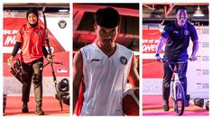 Kolase foto atlet Indonesia, Diananda Chaerunnisa (kiri), Yuda Saputera (tengah), dan Bagus Saputra saat mengenakan jersey terbaru Tim Indonesia untuk Asian Games 2022 Hangzhou di Kantor NOC Indonesia Lantai 16, Gedung FX Senayan, Jakarta, Sabtu (09/09/2023). Terdapat tiga palet warna yang digunakan yaitu merah, putih, dan hitam. (Bola.com/Bagaskara Lazuardi)