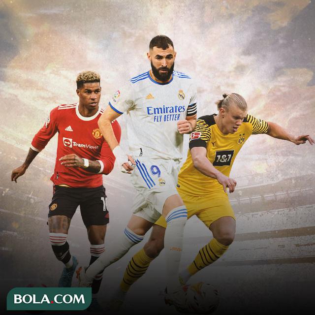 Ilustrasi - Karim Benzema dikelilingi Marcus Rashford dan Erling Haaland