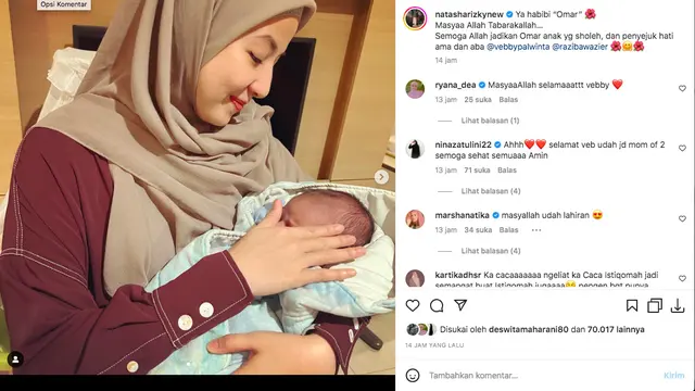 Selamat, Vebby Palwinta Melahirkan Anak Kedua Berjenis Kelamin Laki-Laki yang Diberi Nama Omar Razi Bawazier. (instagram.com/natasharizkinew)