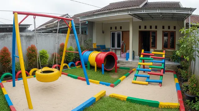 Desain Kebun Rumah Unik dari Ban Bekas untuk Halaman Kecil Model Taman Bermain Mini dengan Elemen Band