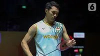 Jonatan Christie gagal meraih gelar juara Indonesia Masters 2025 setelah kalah dari Kunlavut Vitidsarn lewat rubber game (21-18, 17-21, dan 18-21). (Liputan6.com/Herman Zakharia)