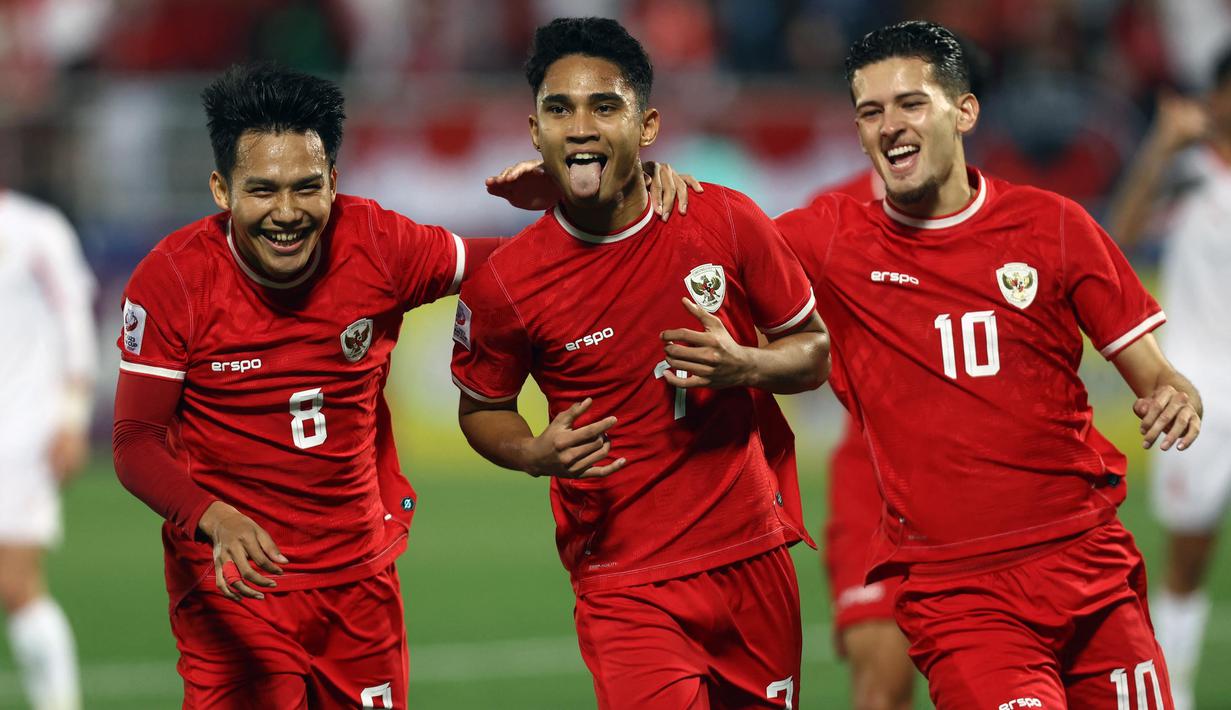 Pada menit ke-70, Marselino Ferdinan menambah keunggulan dan memperbesar keunggulan menjadi 3-0 atas Yordania. (KARIM JAAFAR/AFP)