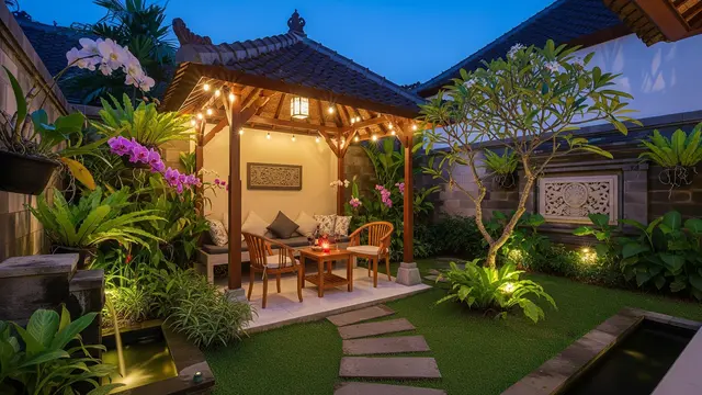 Desain Halaman Belakang Rumah Kecil dengan Lampu Taman Estetik untuk Suasana Romantis/Ilustrasi AI