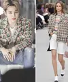 Jimin menganakan blazer bermotif dari brand Chanel yang dipadukan dengan denim (Instagram @btscloset1)