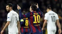Selebrasi bintang Barcelona Lionel Messi usai mencetak gol ke gawang Paris St Germain (Reuters)
