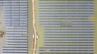 Foto udara menunjukkan panel-panel surya fotovoltaik di Wilayah Baoying, China (5/11/2020). Wilayah Baoying berupaya mengembangkan agrikultur ekologis melalui penggabungan budidaya ikan dengan pembangkit listrik tenaga surya, sebagai cara mendorong revitalisasi kawasan perdesaan. (Xinhua/Li Bo)