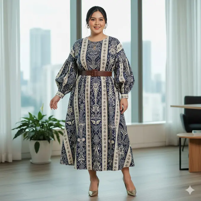 Model Dress Batik Lengan Bishop untuk Plus Size
